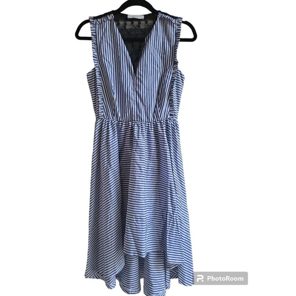 Sandro Womens Shift Dress Blue White Striped Ruffle V Neck Sleeveless 1 - Picture 2 of 4